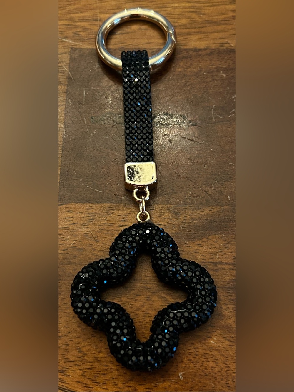 Fashion Jewelry Black Rhinestone Clover Keychain Bag Charm with Strap & Goldtone